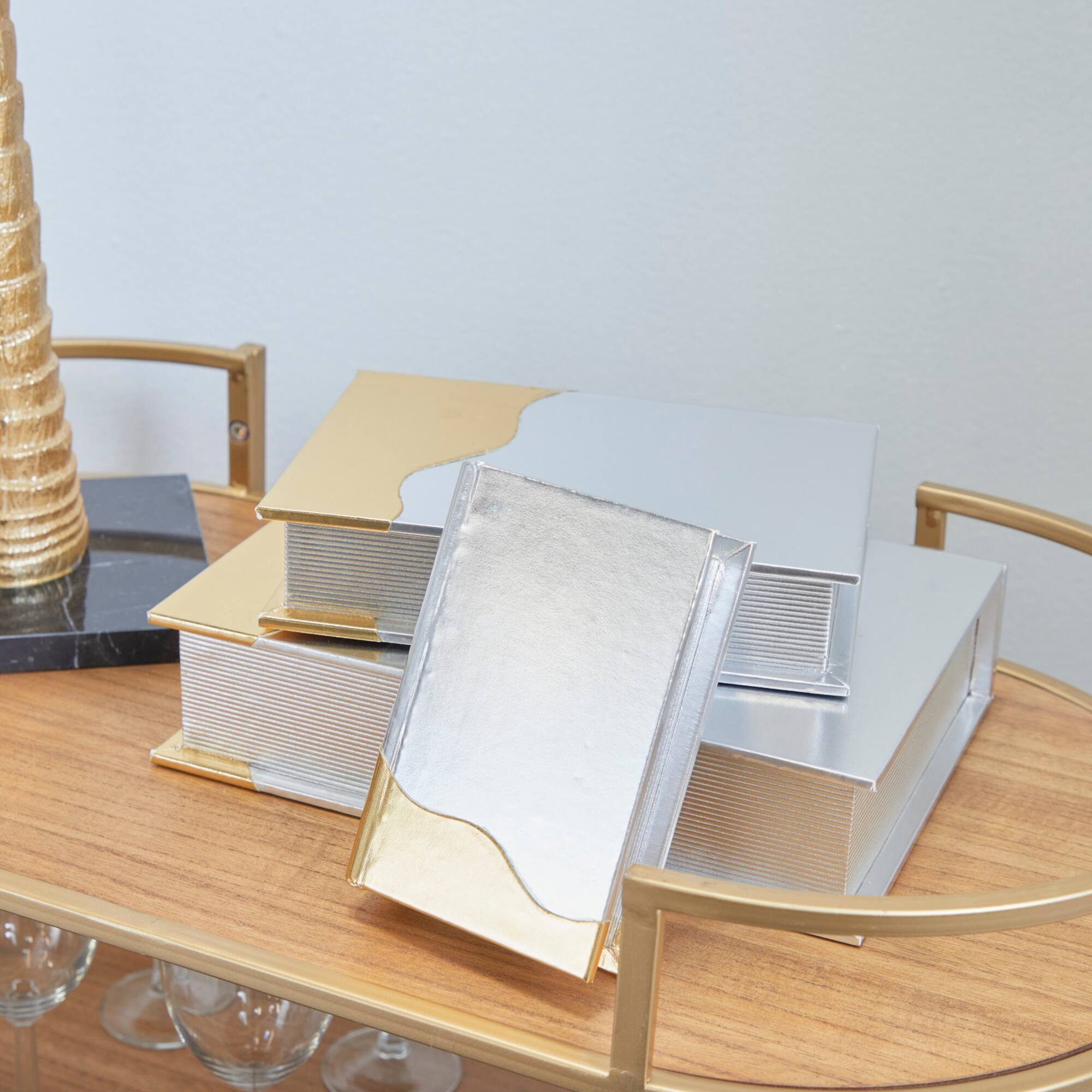 CosmoLiving by Cosmopolitan Silver Faux Leather Faux Book Box with Metallic Finish Set